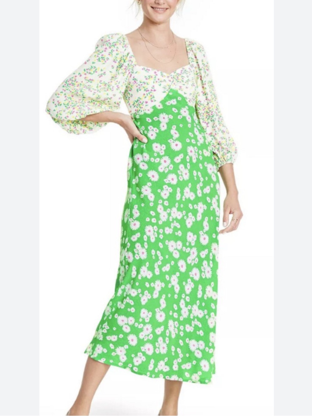 RIXO X Target Bright Green Daisy Floral Puff Sleeve MIDI Swing dress Size 12